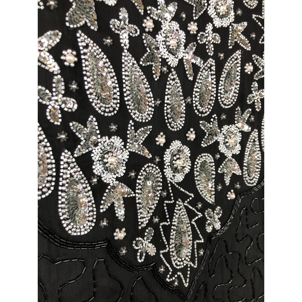 Laurence Kazar Vintage Short Sleeve silk top, Beaded, Black & Silver, Sz L - Picture 3 of 11